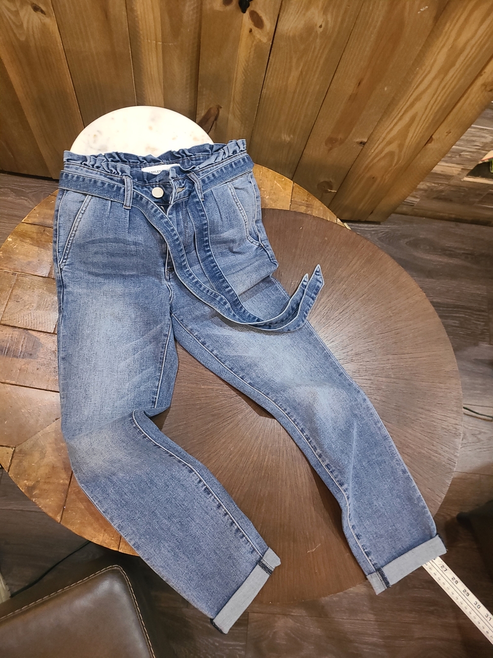 Ashley Mason Light Blue Paperbag Waist Boyfriend Jeans with Belt